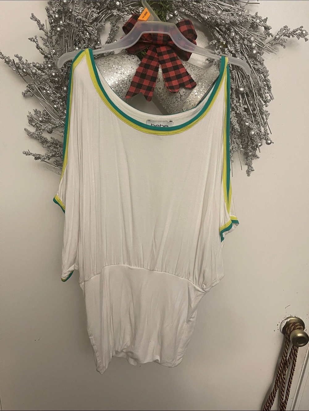 bebe White Cold-Shoulder Tank with Green and Yellow Trim